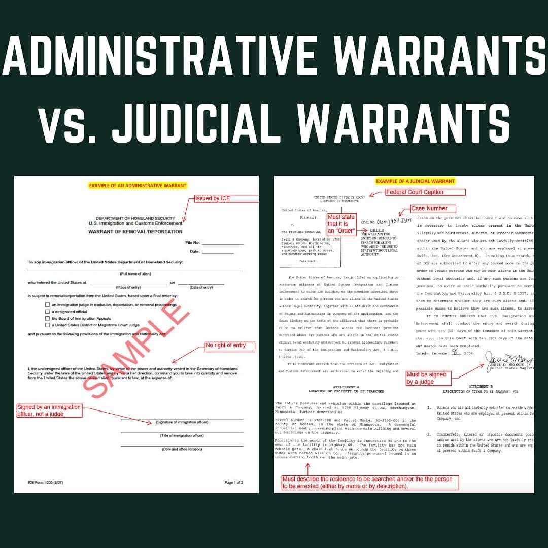 This image compares administrative and judicial warrants. Administrative warrants are issued by ICE and not signed by a judge. An administrative warrant does not grant access to your home.